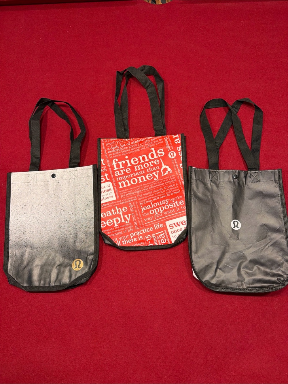 Lululemon 3 Small Reusable Shopping Tote Bags Black White Red